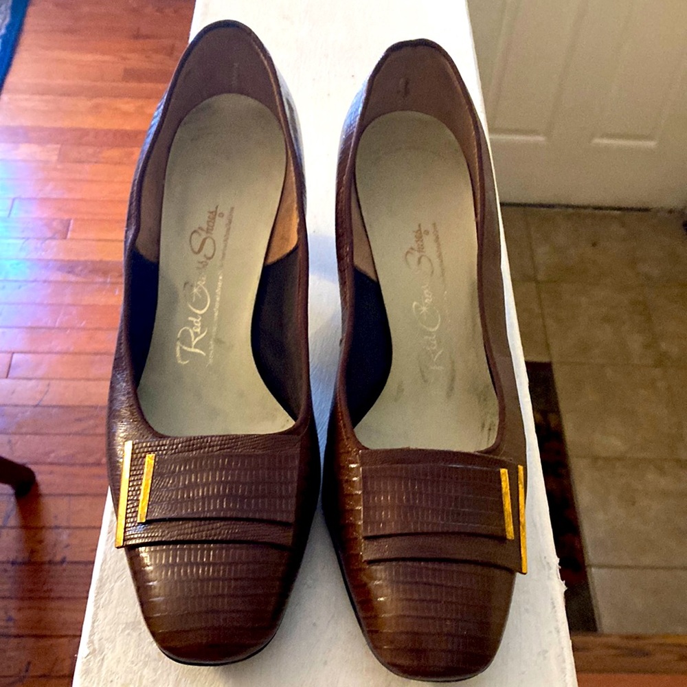 Red Cross shoes with 2” heel brown snakeskin close toe with imitation flap